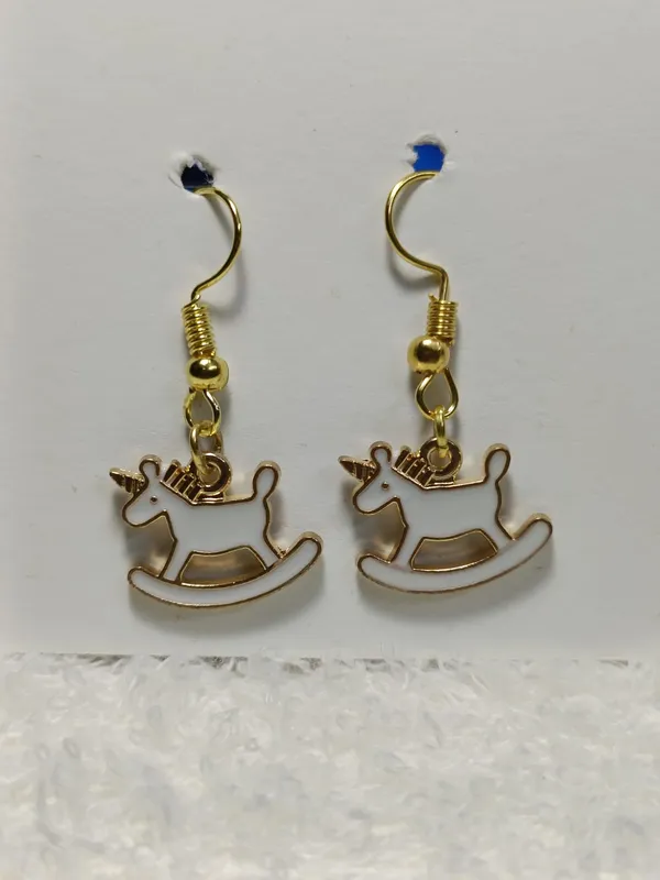 White_Enamel_Gold_Tone_Rocking_Horse_Hook_Earrings_For_Women