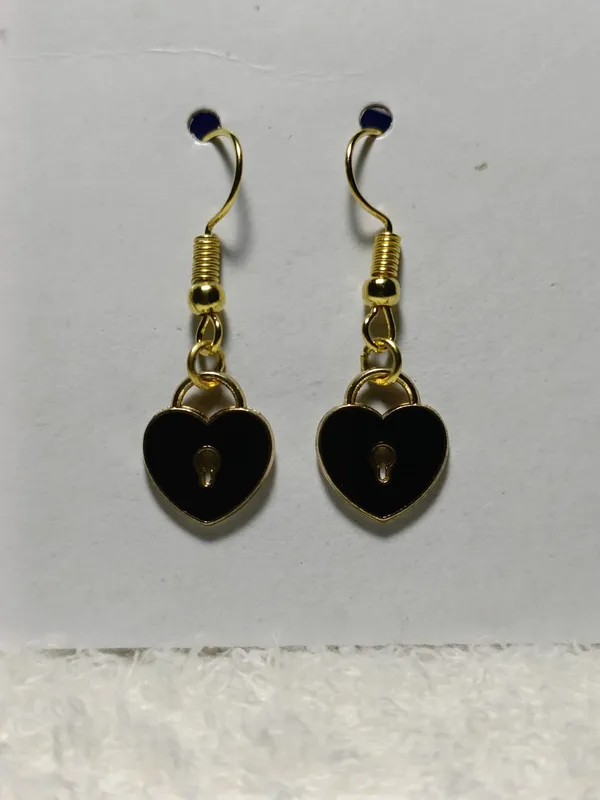 Black_Enamel_Gold_Tone_Heart_Lock_Charm_Hook_Earrings_For_Women