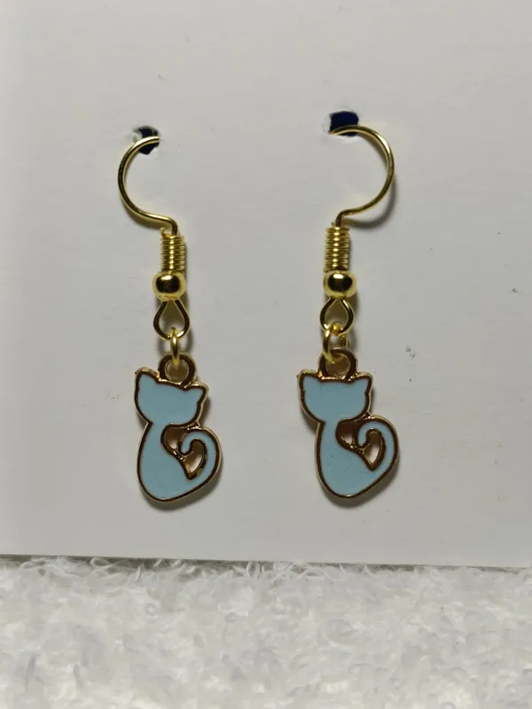Blue_Enamel_Gold_Tone_Cat_Charm_Hook_Earrings_For_Women