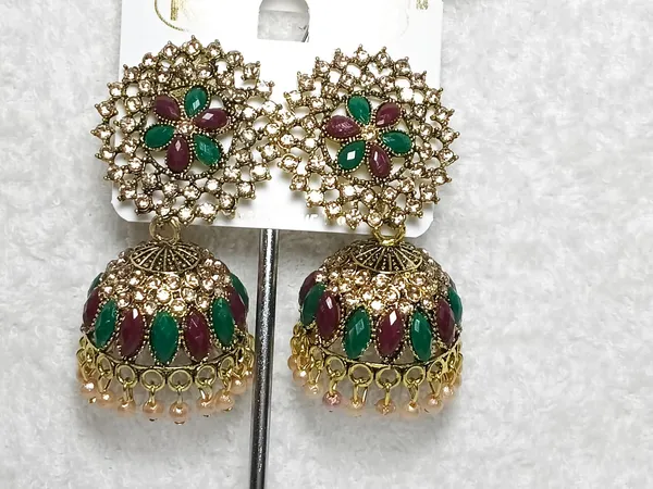Antique_Gold_Plated_Green_Maroon_Stone_Jhumkas_For_Women