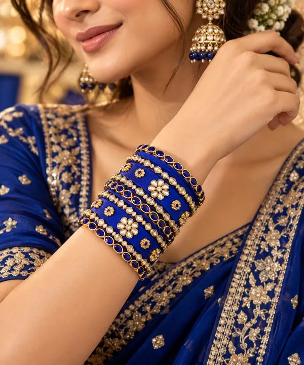 Royal_Blue_Silk_Thread_With_Kundan_Bangles_For_Women