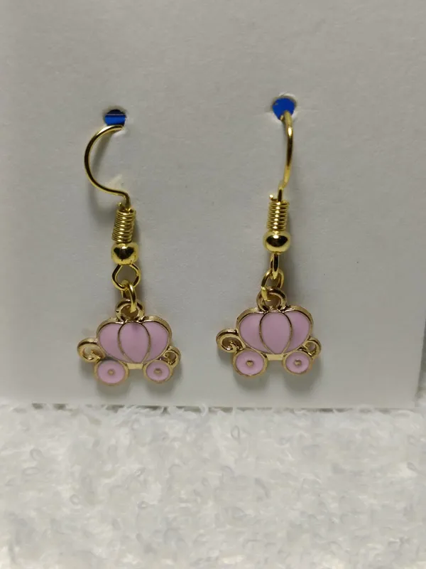 Pink_Enamel_Gold_Tone_Pumpkin_Carriage_Charm_Hook_Earrings_For_Women