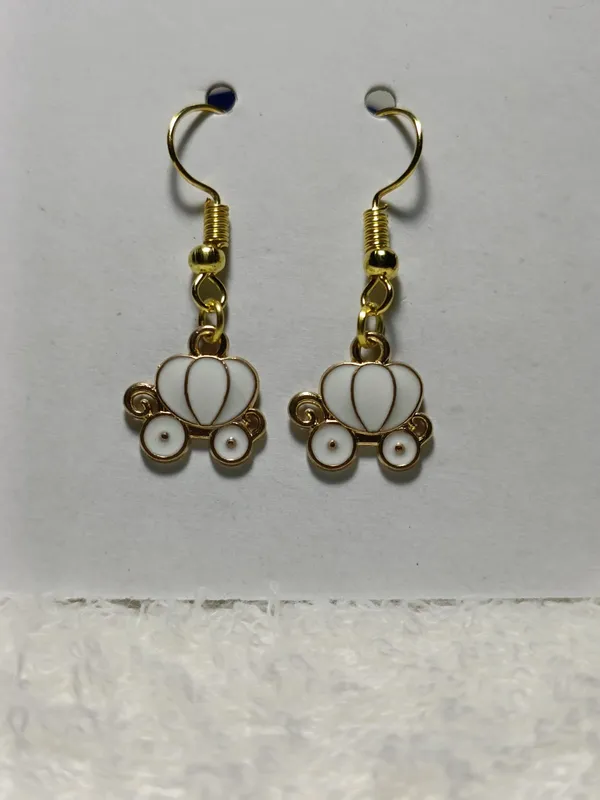 White_Enamel_Gold_Tone_Carriage_Charm_Hook_Earrings_For_Women