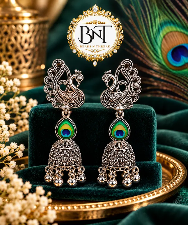 Oxidized_Silver_Enamel_Peacock_Jhumkas_For_Women