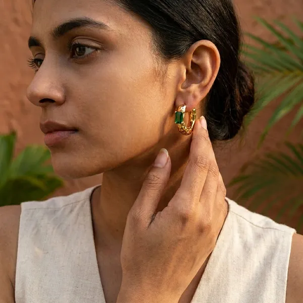 Emerald_Cut_Stone_Gold_Plated_Hoop_Earrings
