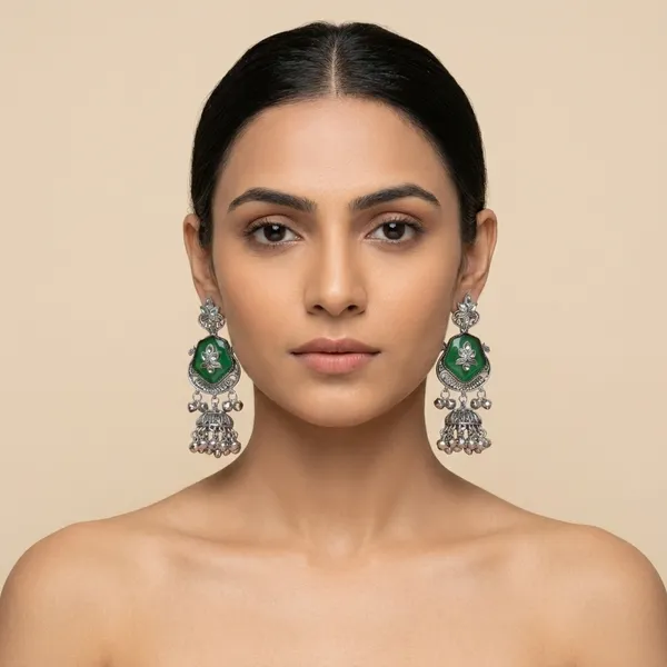 Green_&_Silver_Oxidised_Brass_Leaf_Motif_Jhumka_Earrings_For_Women