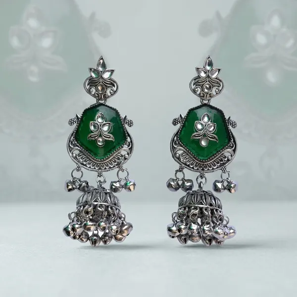 Green_&_Silver_Oxidised_Brass_Leaf_Motif_Jhumka_Earrings_For_Women