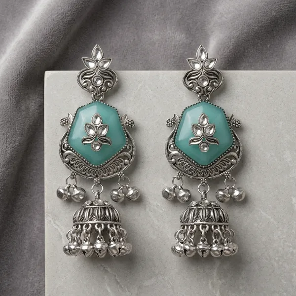 Teal_Green_Oxidised_Brass_Turquoise_Stone_Jhumka_Earrings_For_Women
