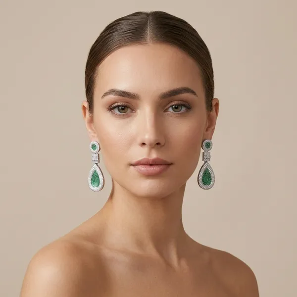 Green_&_Silver_Copper_Alloy_American_Diamond_Drop_Earrings_For_Women