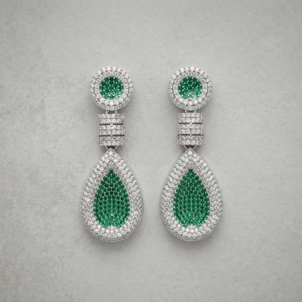 Green_&_Silver_Copper_Alloy_American_Diamond_Drop_Earrings_For_Women