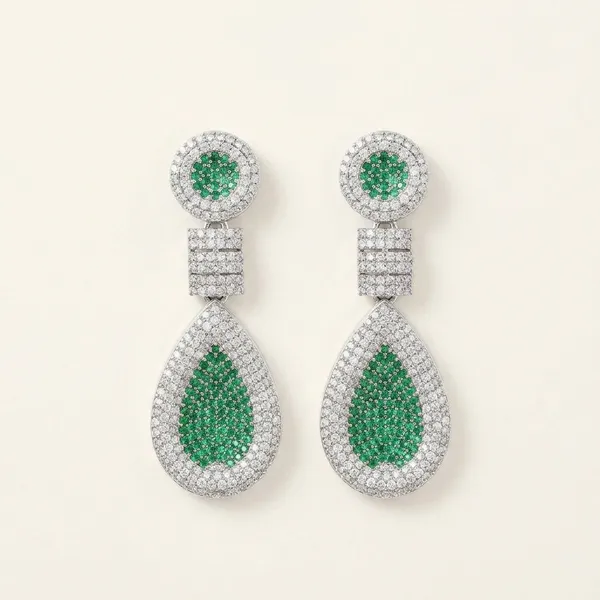 Green_&_Silver_Copper_Alloy_American_Diamond_Drop_Earrings_For_Women