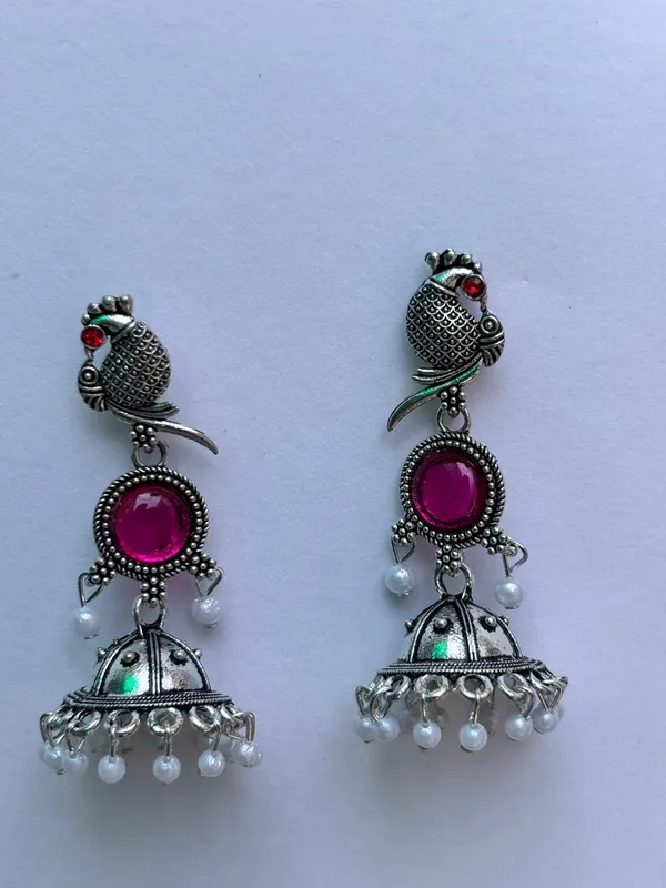 Pink_&_Silver_Oxidised_Brass_Peacock_Jhumka_Earrings_For_Women