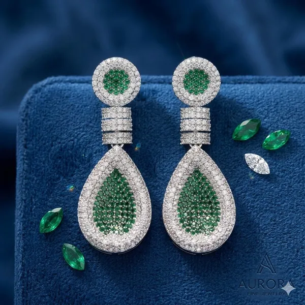 Green_&_Silver_Copper_Alloy_American_Diamond_Drop_Earrings_For_Women