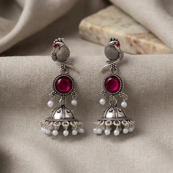 Pink_&_Silver_Oxidised_Brass_Peacock_Jhumka_Earrings_For_Women