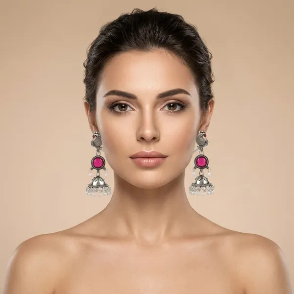 Pink_&_Silver_Oxidised_Brass_Peacock_Jhumka_Earrings_For_Women