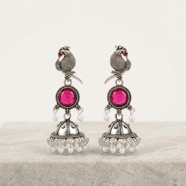 Pink_&_Silver_Oxidised_Brass_Peacock_Jhumka_Earrings_For_Women