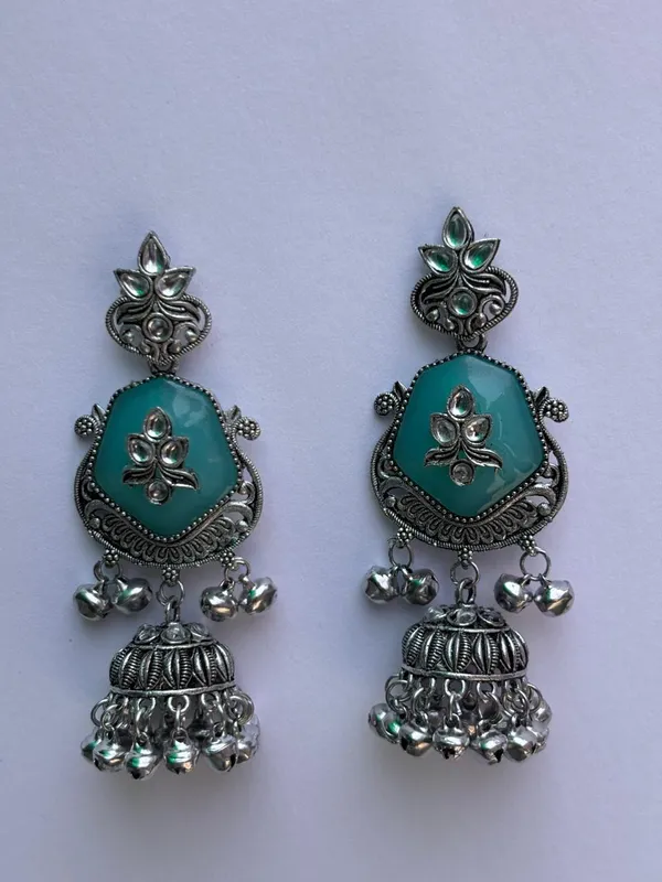 Teal_Green_Oxidised_Brass_Turquoise_Stone_Jhumka_Earrings_For_Women