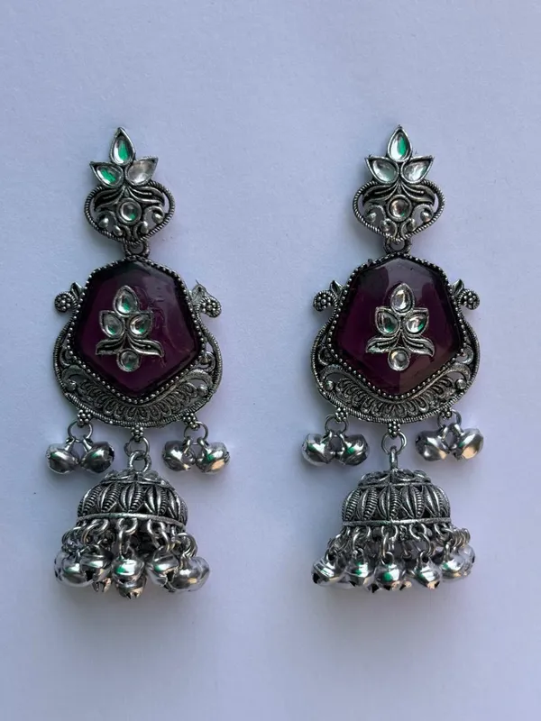 Wine_Oxidised_Brass_Stone_Jhumka_Earrings_For_Women