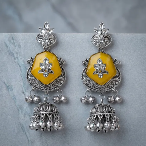 Yellow_Oxidised_Brass_Floral_Jhumka_Earrings_For_Women