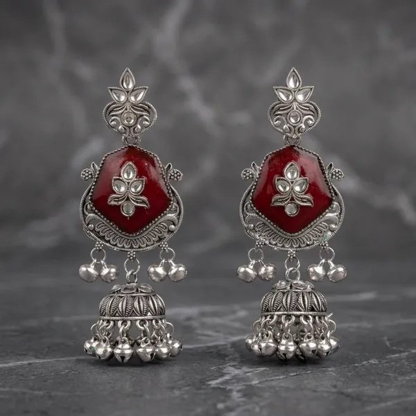 Maroon_Oxidized_Jhumka_Earrings_With_Stone_And_Kundan_Work