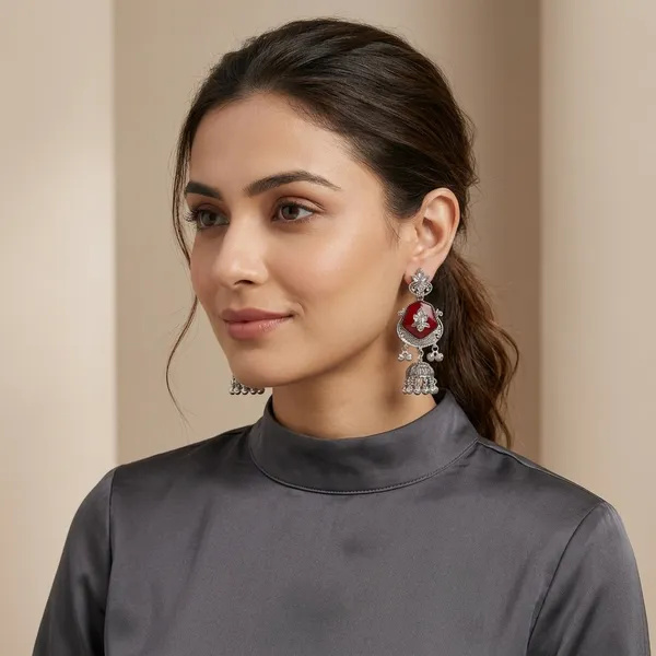 Maroon_Oxidized_Jhumka_Earrings_With_Stone_And_Kundan_Work