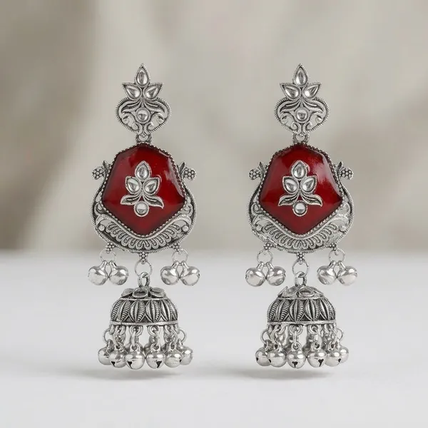 Maroon_Oxidized_Jhumka_Earrings_With_Stone_And_Kundan_Work