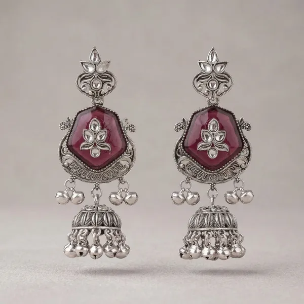 Wine_Oxidised_Brass_Stone_Jhumka_Earrings_For_Women