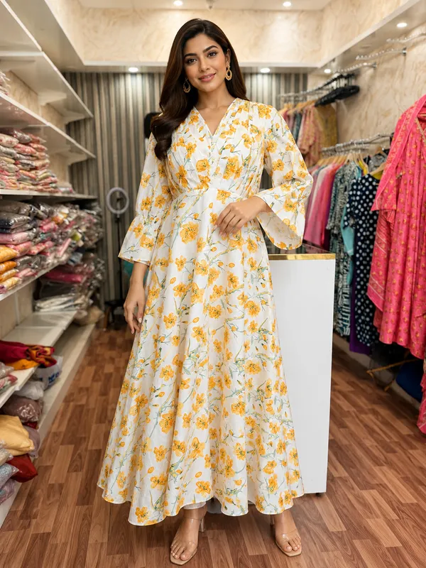 White_Elegant_Design_Floral_Print_Midi_Dress_For_Women