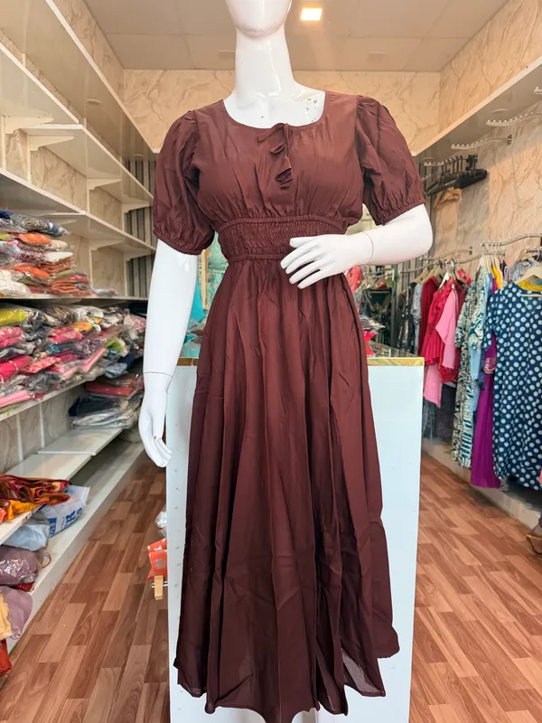 Brown_Elegant_Design_Long_With_Smoking_Design_Dress_For_Women