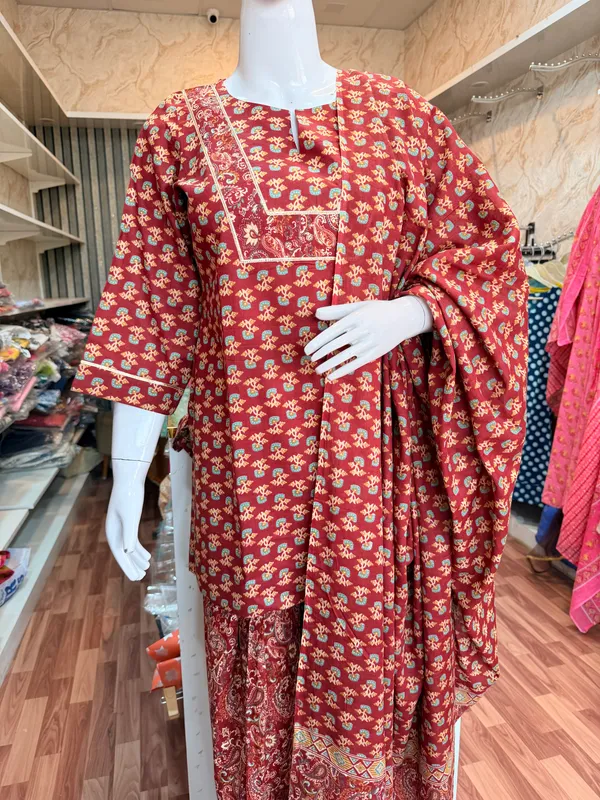 Coffee_Brown_Elegant_Design_Farsi_Salwar_Short_Kurti_Dupatta_3_Pcs_Set_For_Women