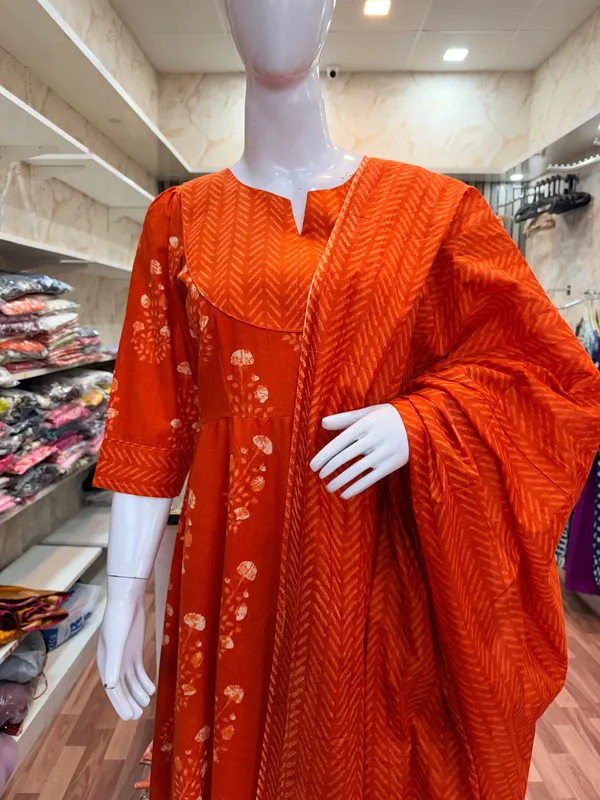 Orange_Elegant_Design_Anarkali_Pant_Kurti_3_Pcs_Set_For_Women