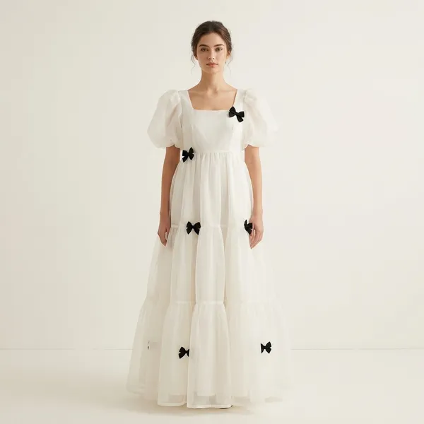 White_Elegant_Design_Pleated_Bow_Detail_Midi_Dress_For_Women_For_Women