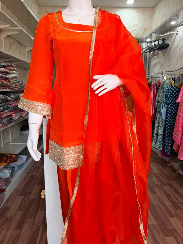 Orange_Elegant_Design_Farsi_Salwar_Short_Kurti_Dupatta_3_Pcs_Set_For_Women