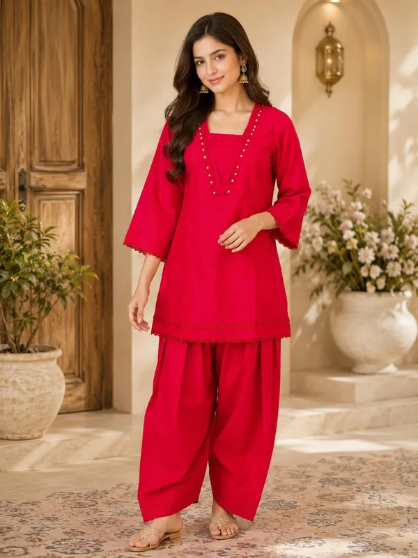 Red_Elegant_Design_Farsi_Salwar_Short_Kurti_For_Women