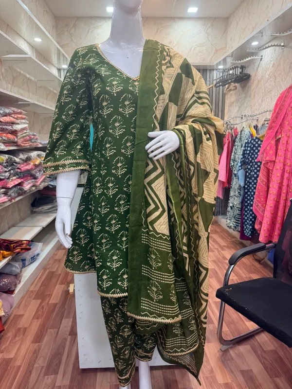 Green_Elegant_Design_Farsi_Pant_With_A_Line_Kurti_Dupatta_For_Women