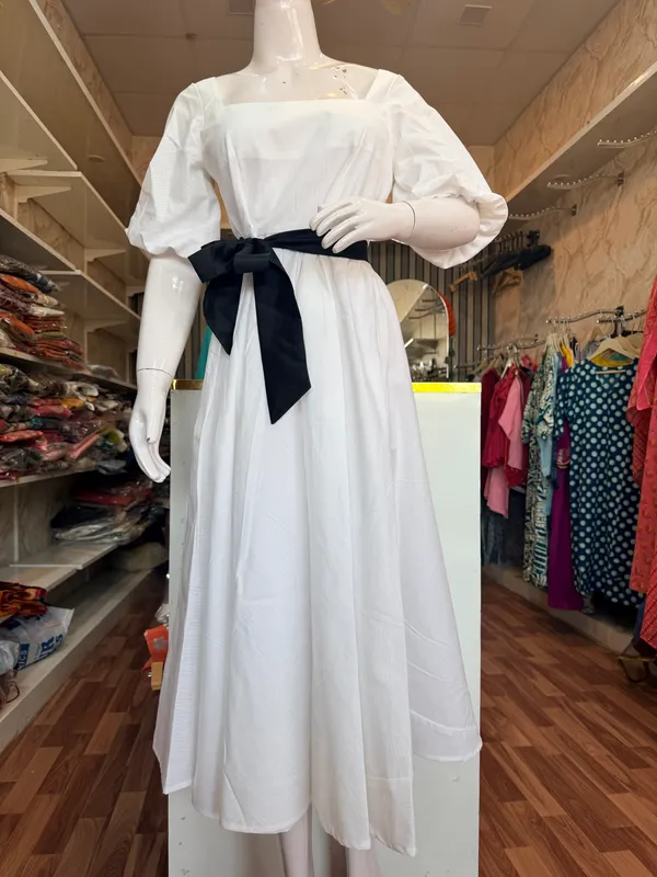 White_And_Black_Elegant_Design_Long_Sleeve_Belted_Midi_Dress_For_Women_For_Women