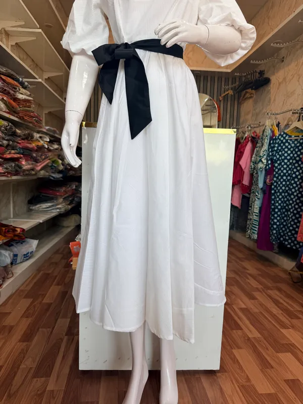 White_And_Black_Elegant_Design_Long_Sleeve_Belted_Midi_Dress_For_Women_For_Women