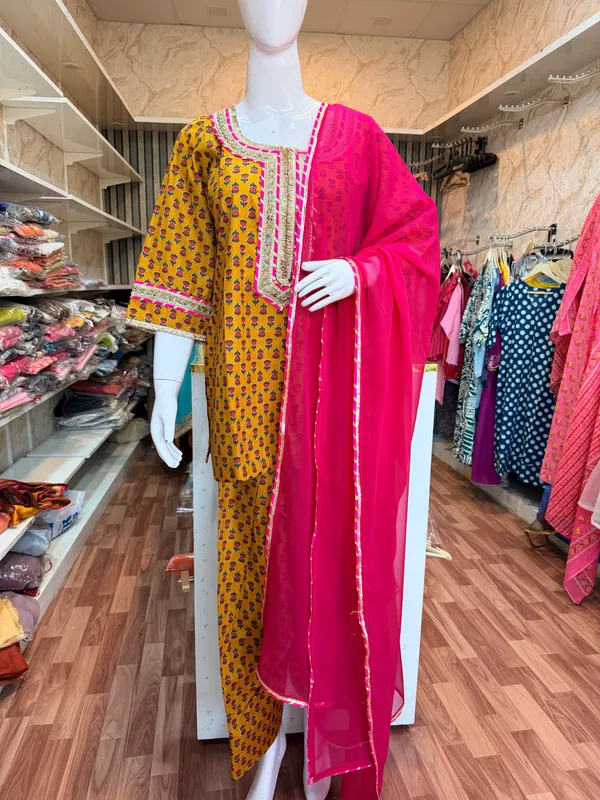 Mustard_Elegant_Design_Farsi_Salwar_Short_Kurti_With_Dupatta_3_Pcs_Set_For_Women