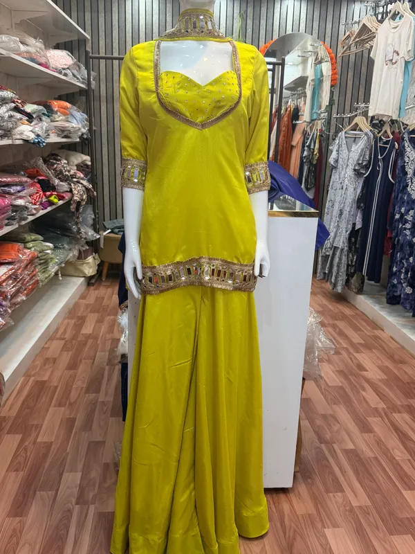 Yellow_Elegant_Design_Sharara_Set_4_Pcs_For_Women