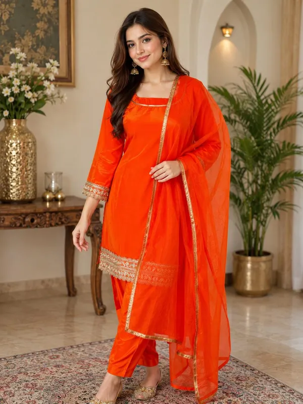 Orange_Elegant_Design_Farsi_Salwar_Short_Kurti_Dupatta_3_Pcs_Set_For_Women