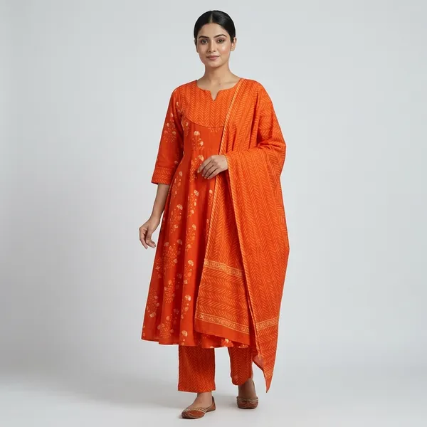 Orange_Elegant_Design_Anarkali_Pant_Kurti_3_Pcs_Set_For_Women