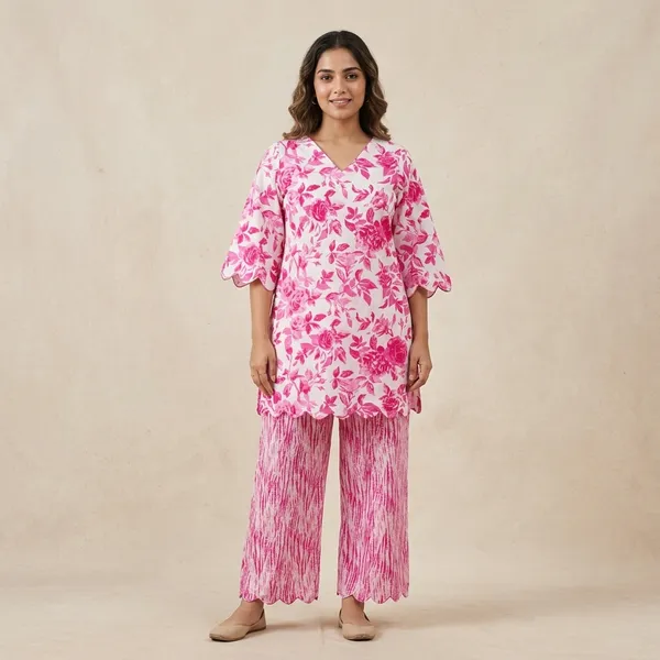 Pink_And_White_Elegant_Design_Short_Kurti_With_Plazo_For_Women