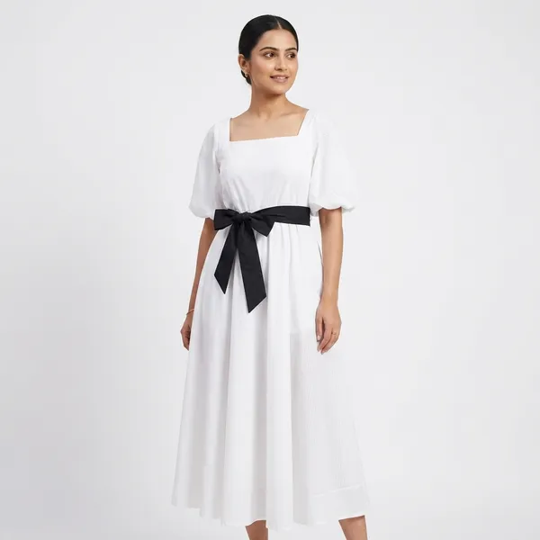 White_And_Black_Elegant_Design_Long_Sleeve_Belted_Midi_Dress_For_Women_For_Women