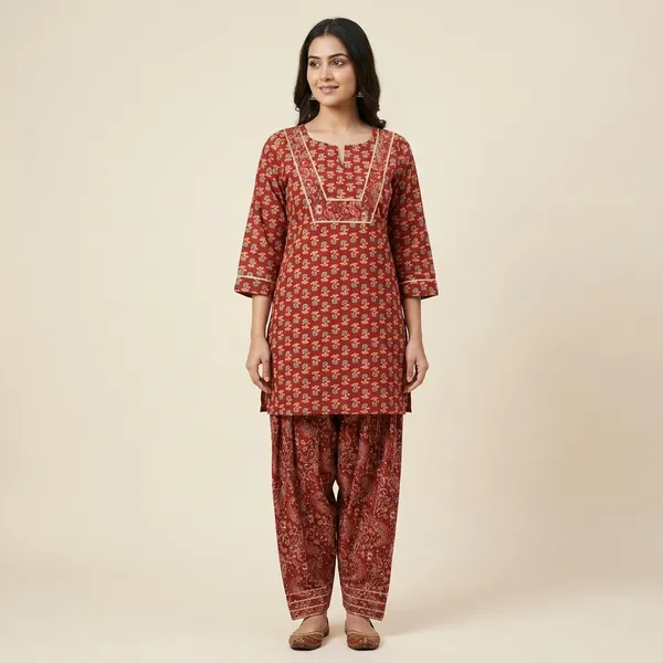 Coffee_Brown_Elegant_Design_Farsi_Salwar_Short_Kurti_Dupatta_3_Pcs_Set_For_Women