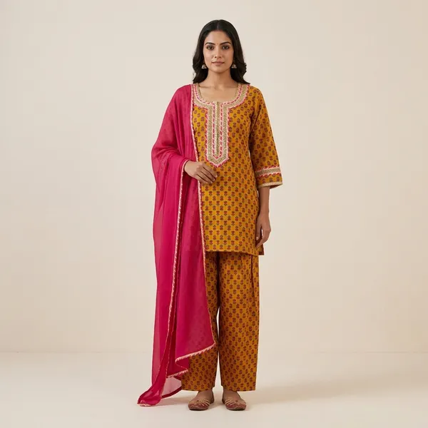 Mustard_Elegant_Design_Farsi_Salwar_Short_Kurti_With_Dupatta_3_Pcs_Set_For_Women