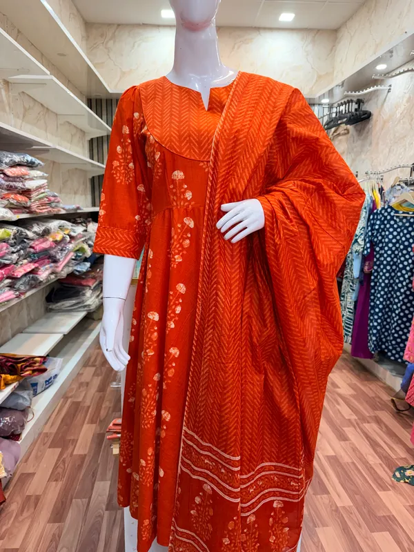 Orange_Elegant_Design_Anarkali_Pant_Kurti_3_Pcs_Set_For_Women
