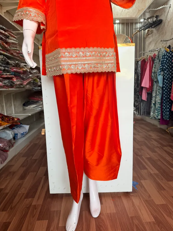 Orange_Elegant_Design_Farsi_Salwar_Short_Kurti_Dupatta_3_Pcs_Set_For_Women