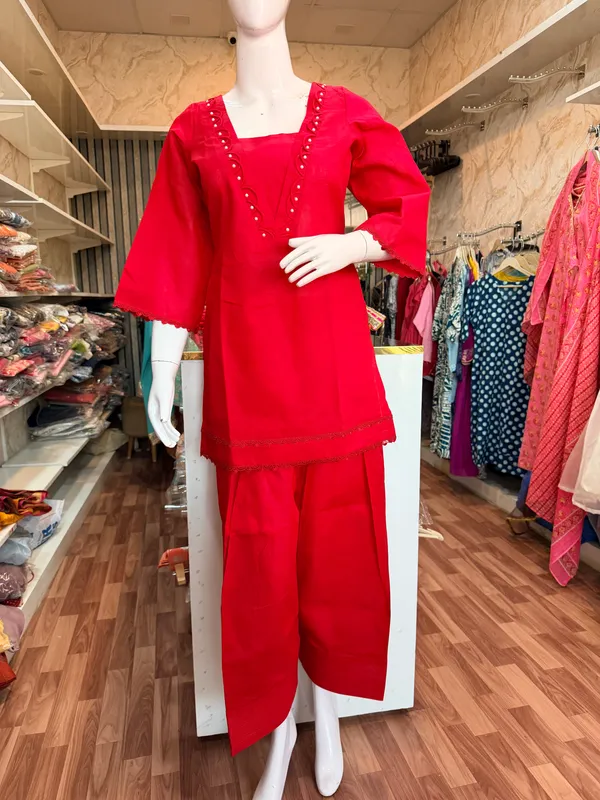 Red_Elegant_Design_Farsi_Salwar_Short_Kurti_For_Women
