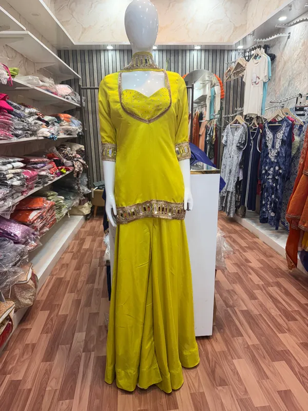 Yellow_Elegant_Design_Sharara_Set_4_Pcs_For_Women