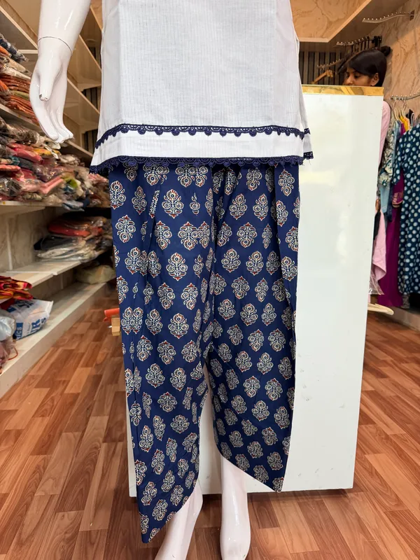 White_And_Navy_Blue_Elegant_Design_Farsi_Salwar_Short_Kurti_2_Piece_For_Women